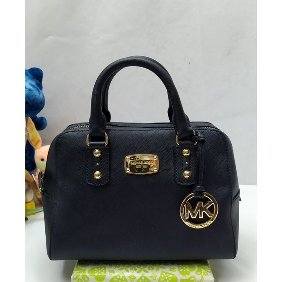 Michael Kors Black Leather Domed Double Handles Zipper Satchel Bag - Picture 1 of 14